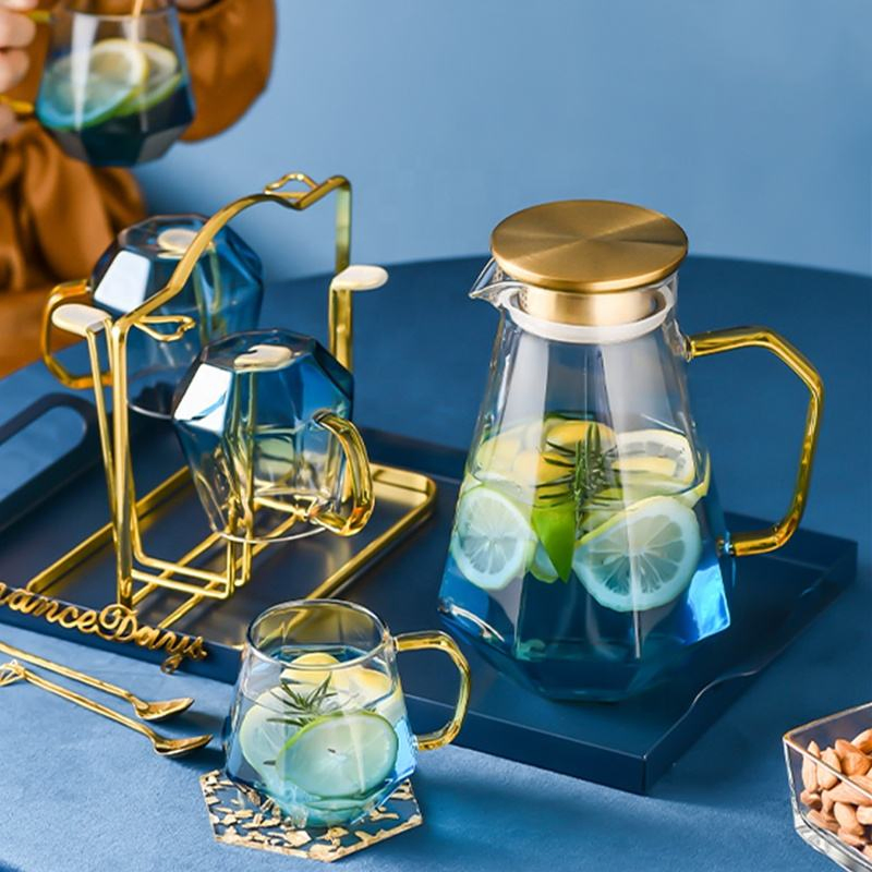 Luxury Blue Glass Water Kettle Set with Diamond Bottom and Golden Handle