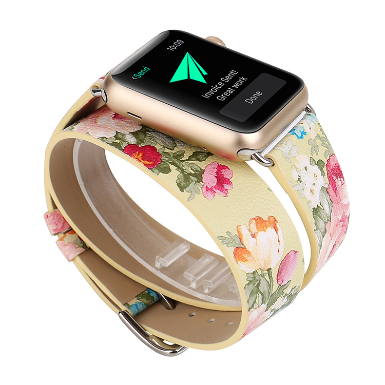 Elegant Floral Print Leather Watch Band for Apple Watch