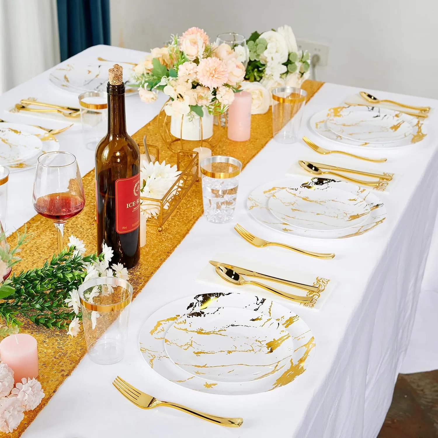 White and Gold Plastic Plates Plastic Silverware Marble Design Disposable Dinnerware for Wedding and Parties