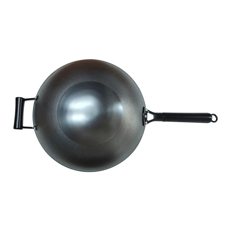 Traditional Hand Hammered Carbon Steel Pow Wok with Wooden and Steel Helper Handle
