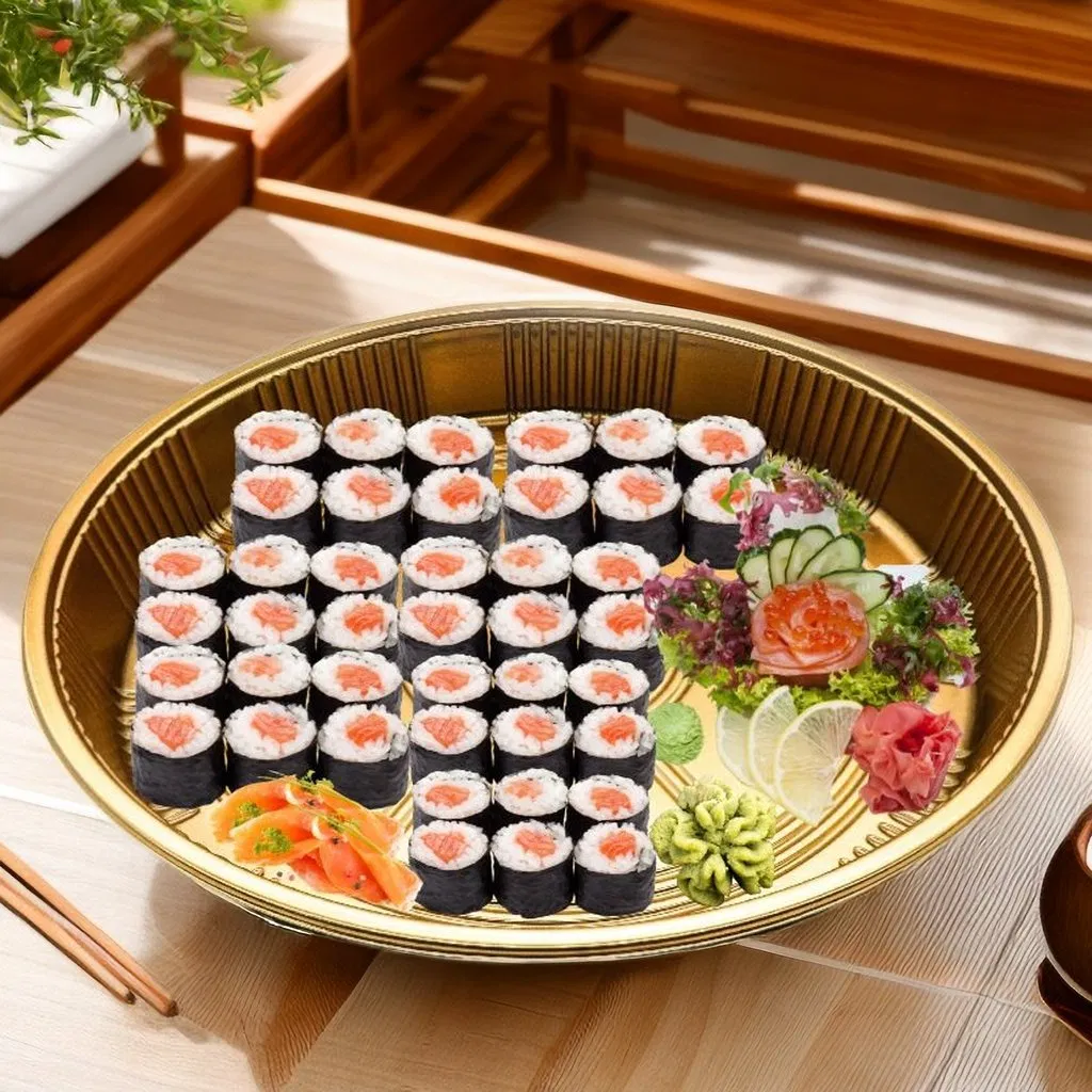 High-Quality Takeout Plastic Sushi Fruit Food Packaging Round Disposable Desserts Food Container Reusable Sushi Roll Party Tray with Clear Lid