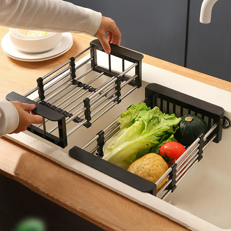 Adjustable Kitchen Organizer Retractable Stainless Steel Sink Strainer Drain Basket Telescopic Over Sink Dish Drying Rack
