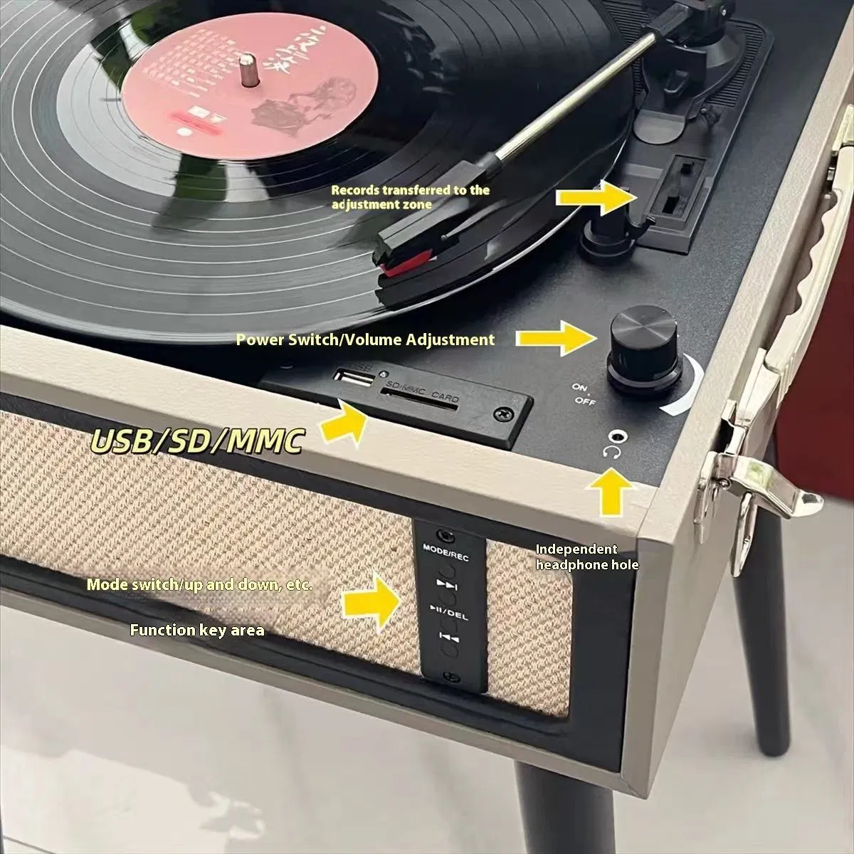 Винтажный проигрыватель винила с картой мира, черно-серый