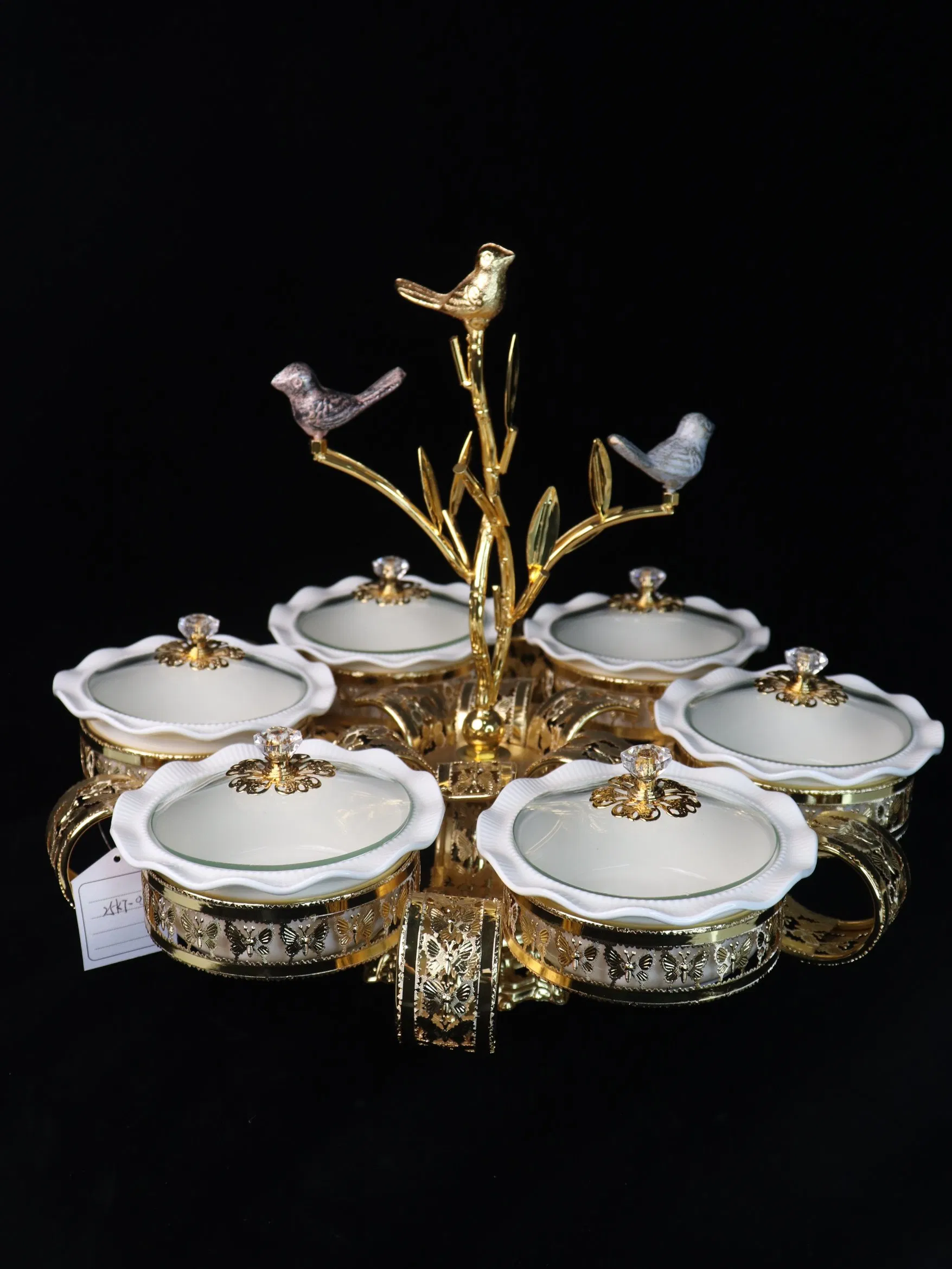 Home Ornament Gold-Plated Iron Frame with Large Size 6-Panel Ceramic Bowl