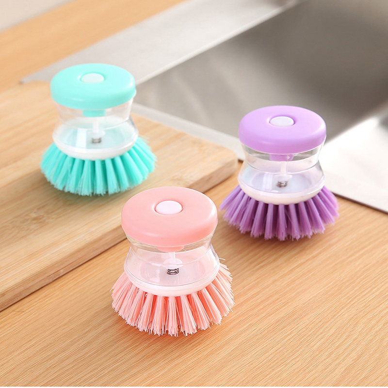 Multifunctional Kitchen Cleaning Tool Dish Pot Liquid Soap Dispenser Plastic Cleaning Brush