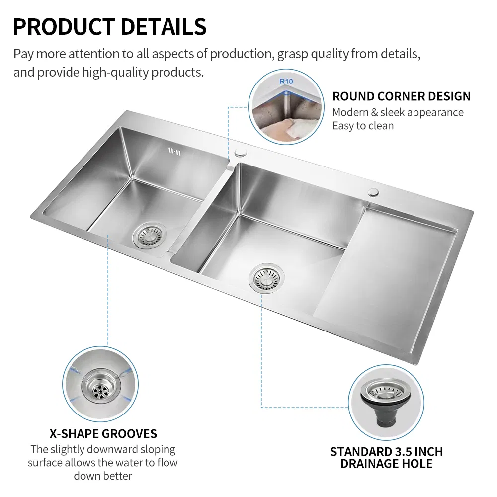Double Bowl Drainboard Kitchen Sink 304 Stainless Steel Kitchen Sink Topmount Farmhouse Kitchen Sink
