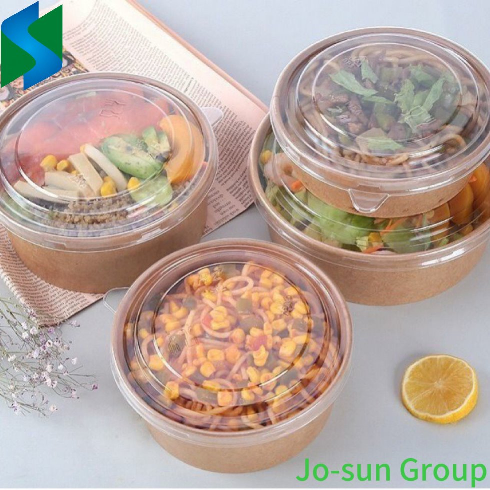 Jo-Sun Wholesale Disposable Round Paper Cup Heatable Kraft Waterproof Custom Print Logo Paper Salad Bowl with PE Lid