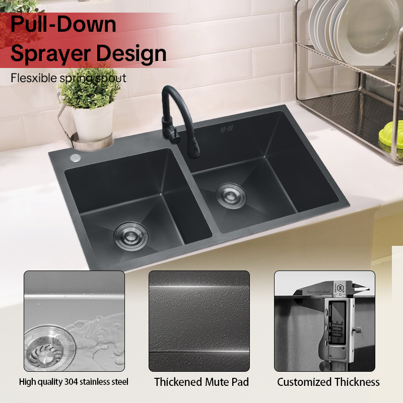 Commercial 201/304 Black Nano Double Bowl Handmade Stainless Steel Kitchen Sink with CE Sink Certificate Fregadero De La Cocina