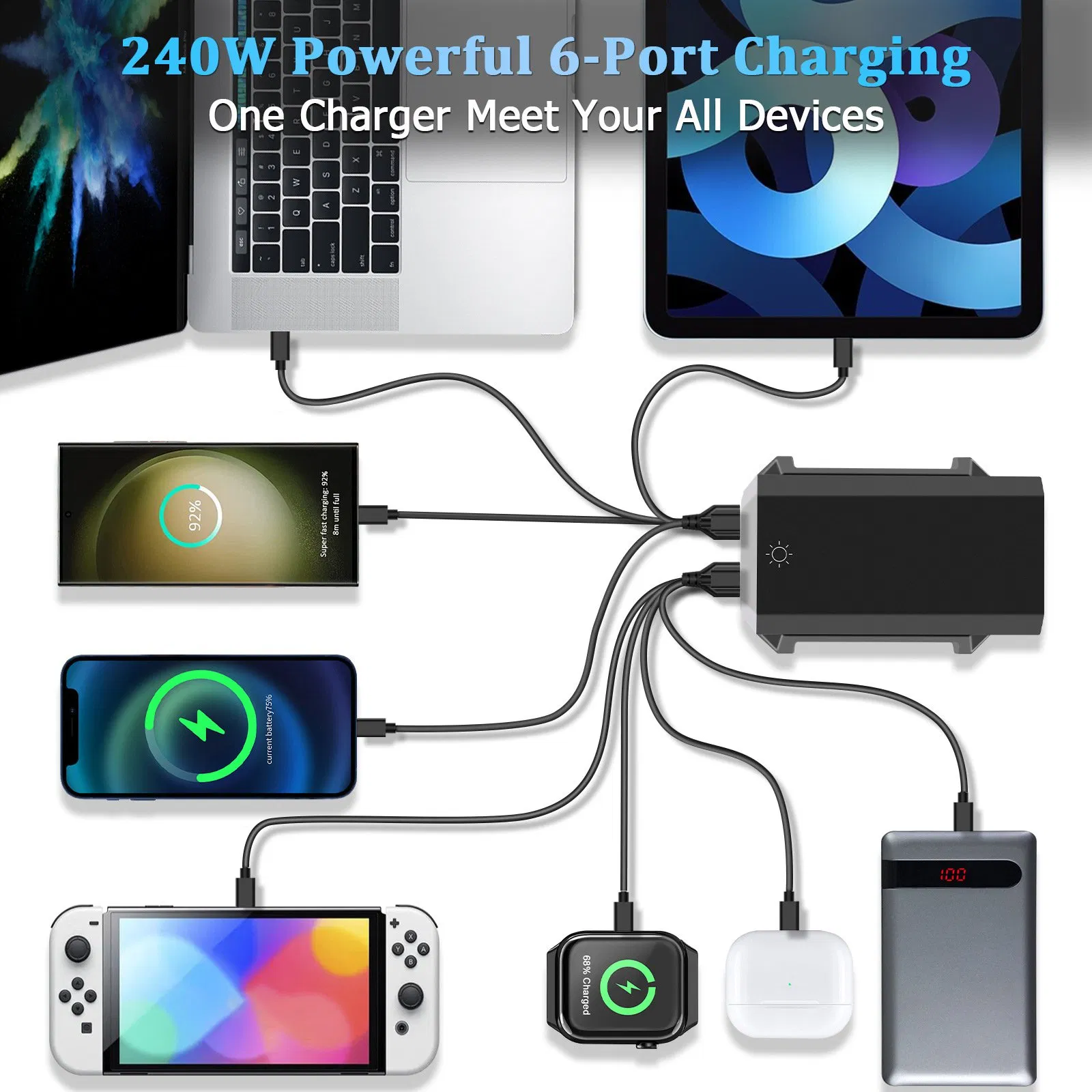 Зарядная станция GaN 240W с дисплеем, 6 портов USB-C