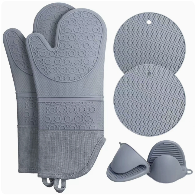 Silicone Oven Mitts and Pot Holders, 6-Piece Set, Heavy Duty Cooking Gloves