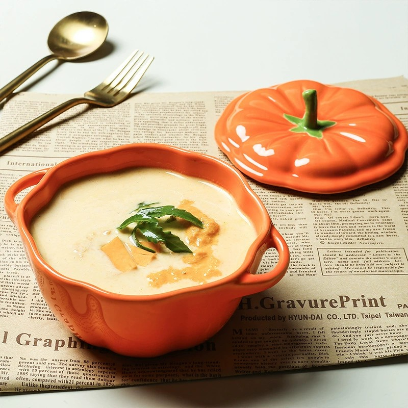 Cute Pumpkin Cooking Pot Ceramic Stove Bowl Plates with Double Handles