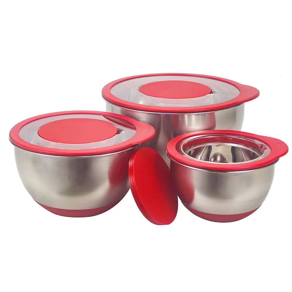 Stainless Steel Salad Mixing Bowl (basin, pot, with silicone PE plastic transparent nested lid)