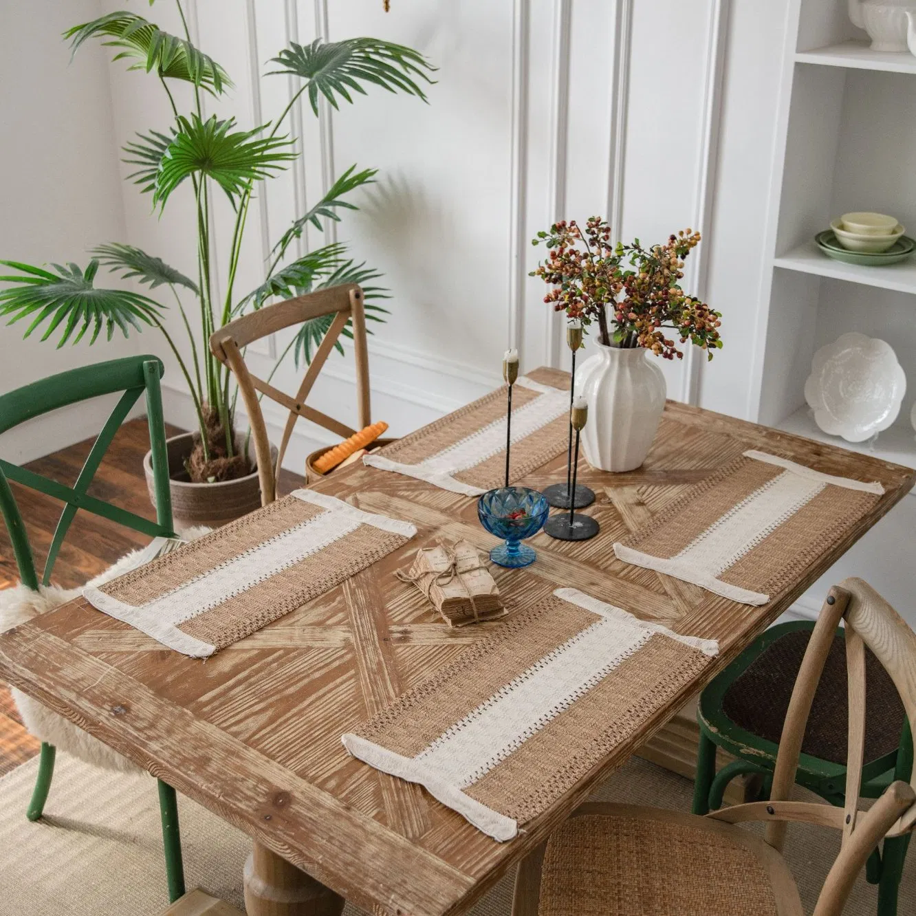 Xinlan Woven Jute Placemats Set Colorful Striped Table Mats with Tassels for Holiday Dining Boho Style Kitchen Decor