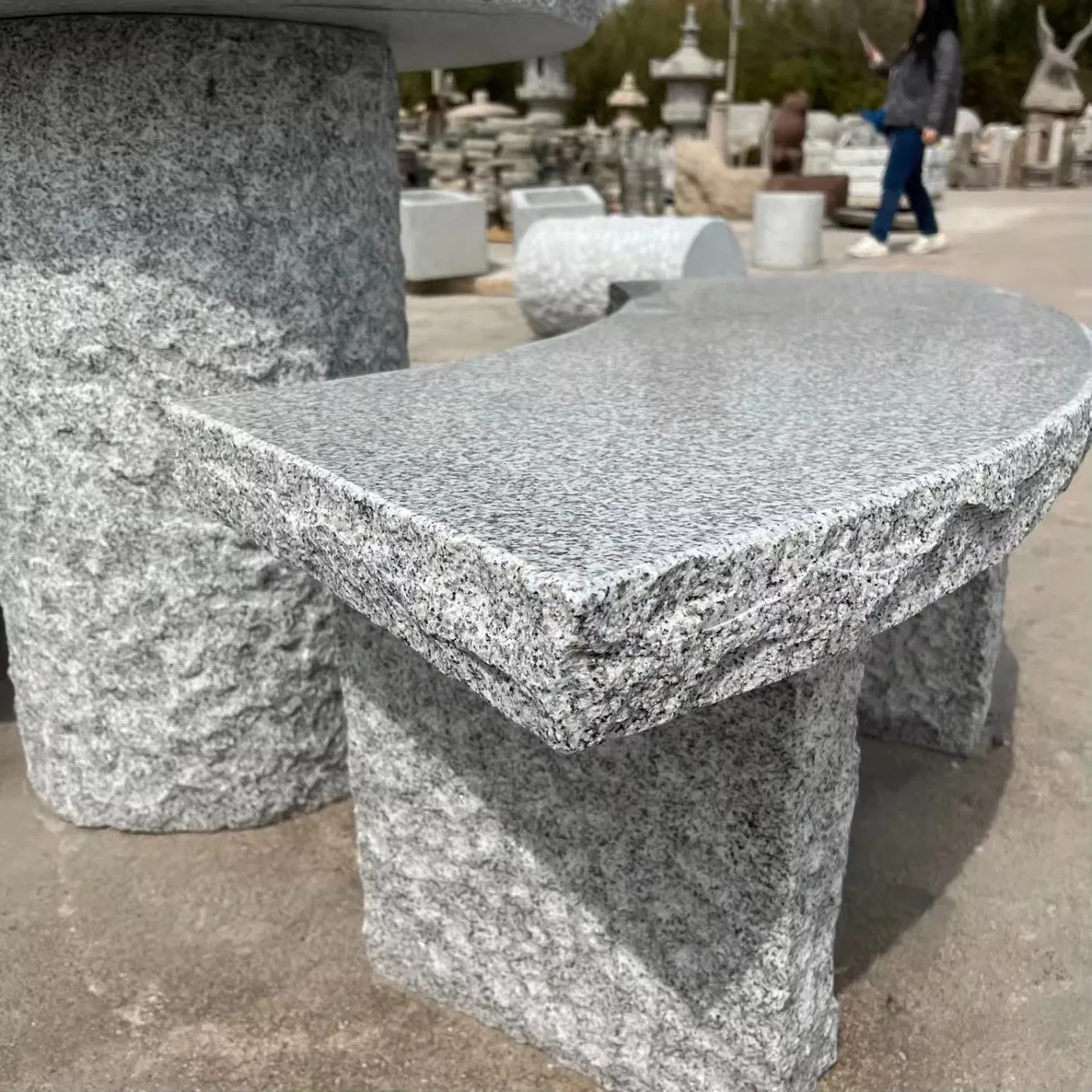 Hand-Carved Granite Stone Bench with Round Table