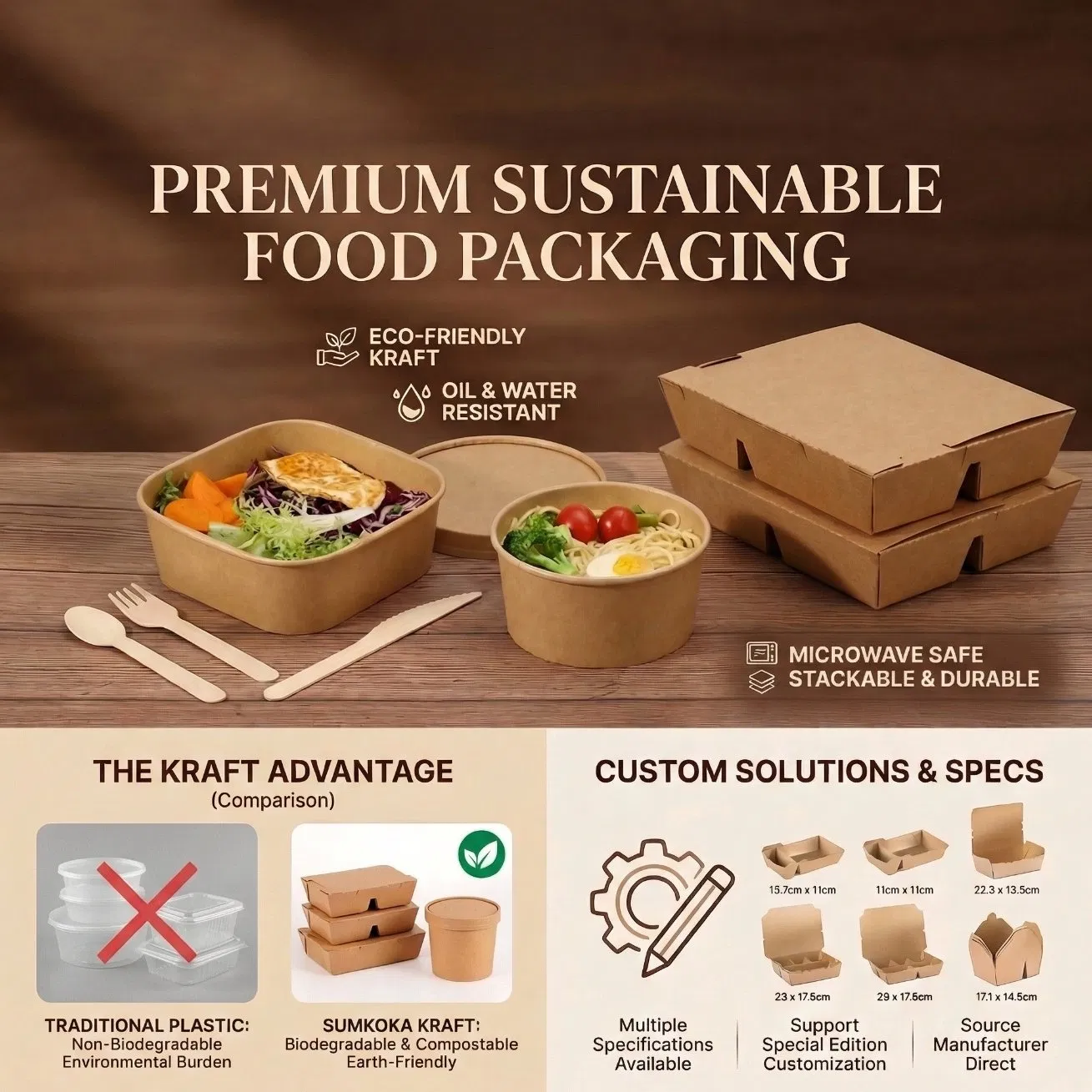 Compostable Kraft Paper Salad Bowl for Sustainable Takeaway with PLA Lined Interior