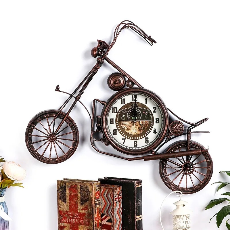 Silver Antique American Style Iron Motorcycle Clock Handmade Wall Clock