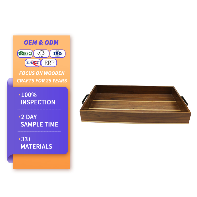 Rectangular Shape Wood Coffee Table Tray with Cut out Handles