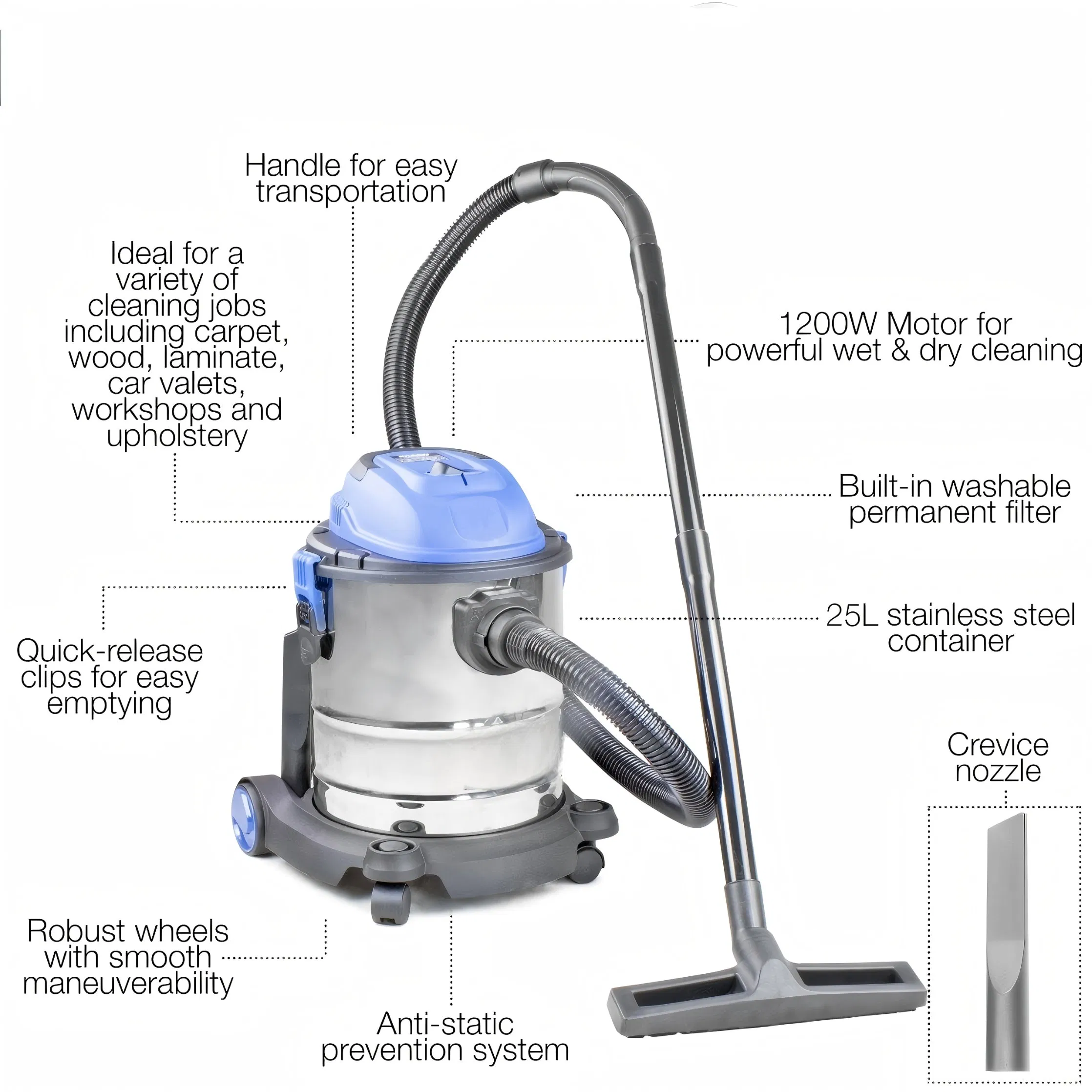 Heavy-Duty Best Wet Dry Vacuum Cleaner with 25L Capacity and 1200W Motor