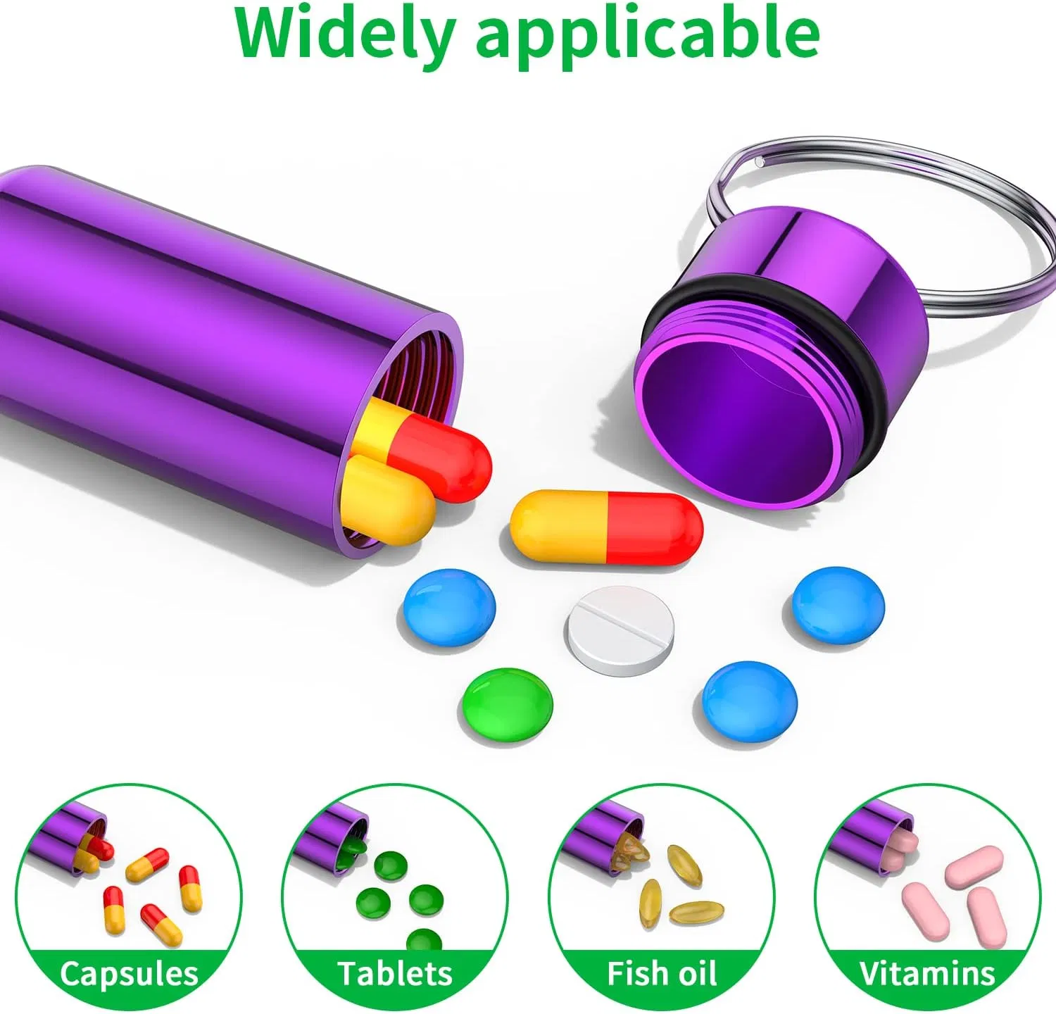 Custom Logo Print Waterproof Mini Aluminium Alloy Capsule Pill Holder Pill Box Pill Container with Keychain