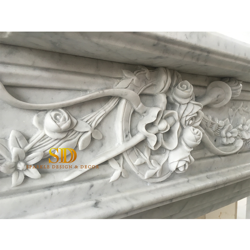 New Home Indoor Decoration Polished Carved Italian Carrara Marble Fireplace Mantel