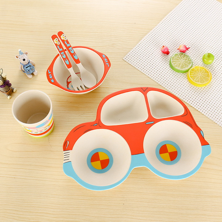 Car Shaped Bamboo Fiber Children 5 Pieces of Bowl Plate Tableware Set