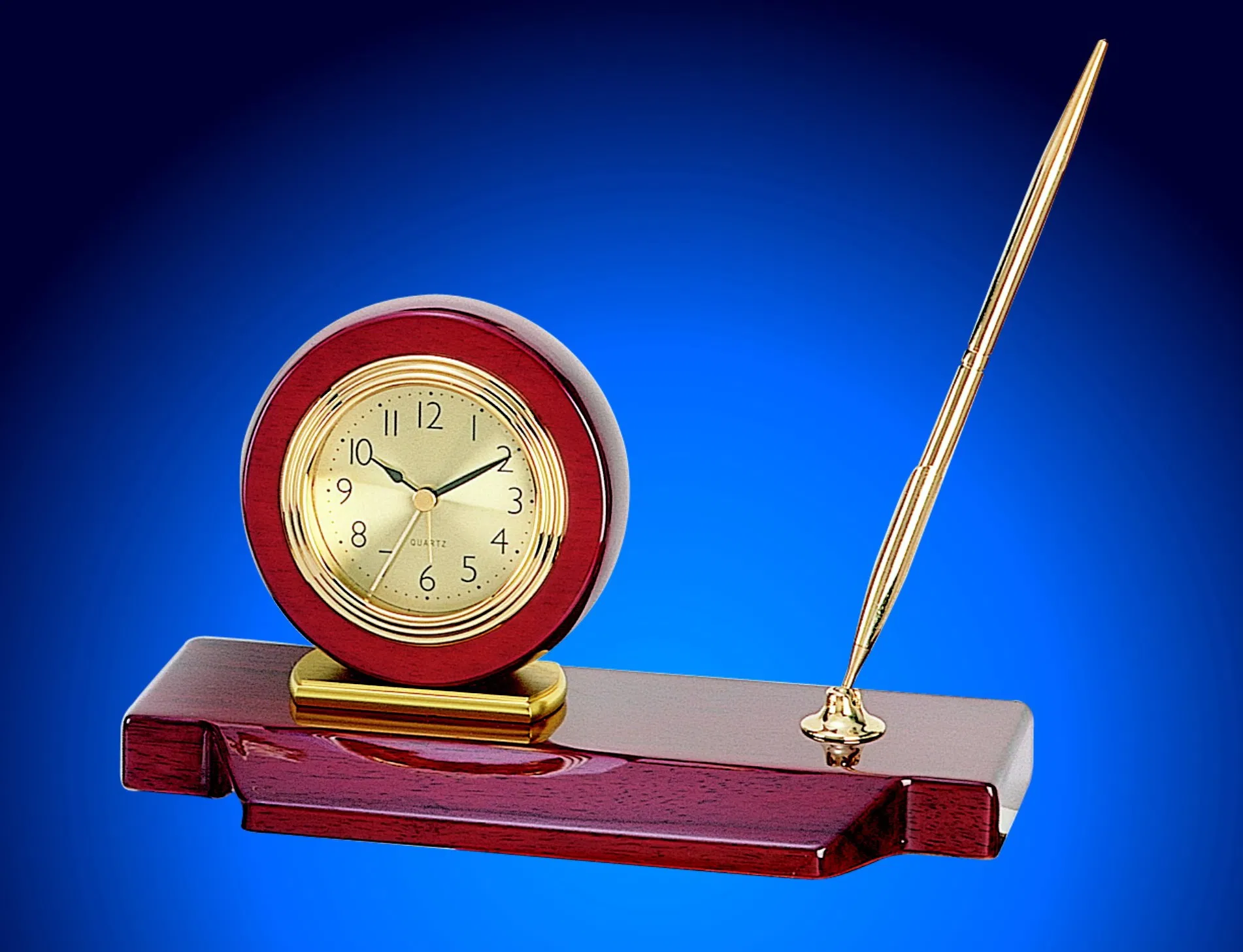 Rosewood High Gloss Finish Wood Desk Alarm Clock with 2 Pen Holder