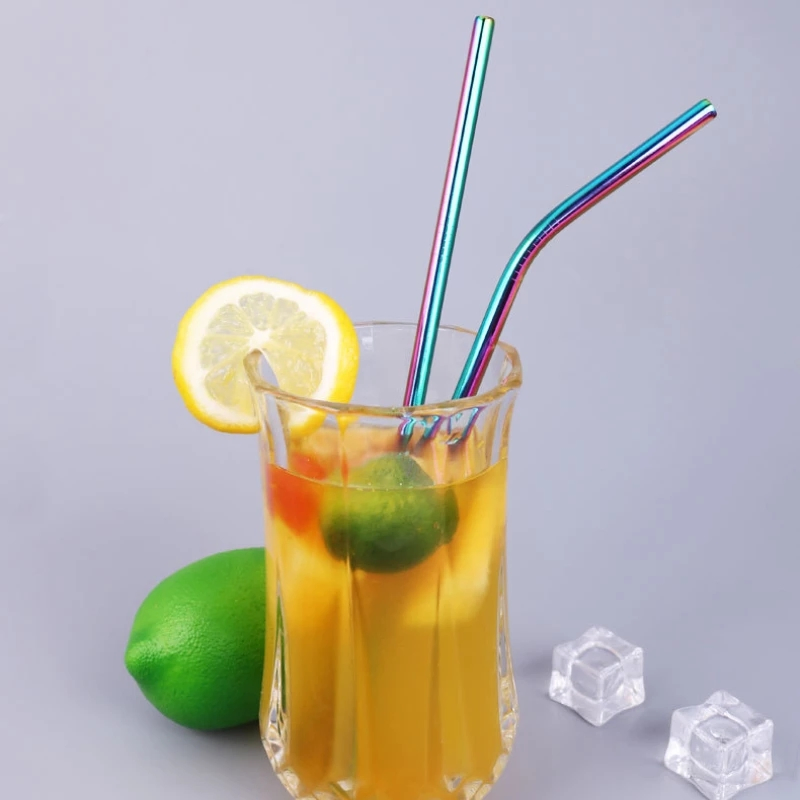 Custom Logo Rainbow Color Reusable Metal Straws Set with Cleaner Brush 304 Stainless Steel Drinking Straw Milk Drinkware Bar Party Accessory