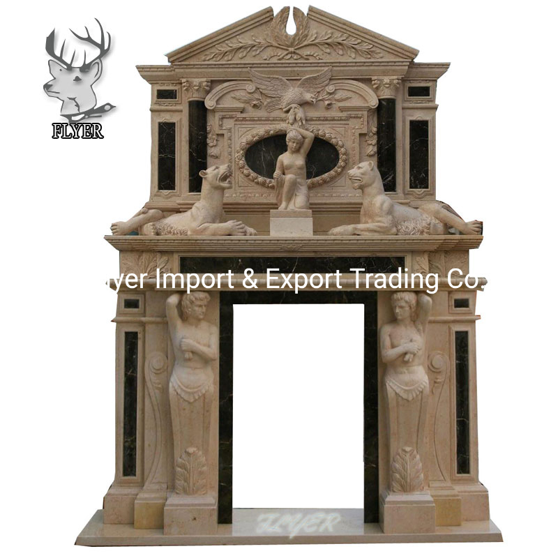 Custom Home Luxury Design Hand Carved Flower and Lion Sculpture Natural Marble Stone Fireplace Mantel