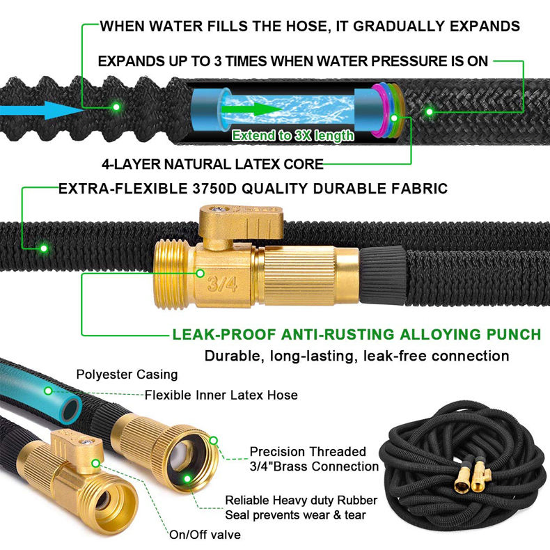 Wholesale Black Expandable Garden Hose 3X Flexible Magic Water Hose with Solid Brass Fittings for Home Gardening Irrigation