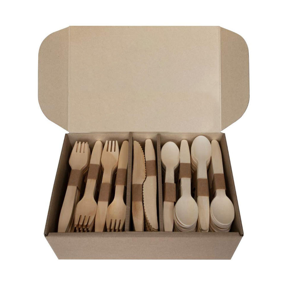 Wholesale Custom Disposable Wooden Bamboo Biodegradable Knife Fork Spoon Tissue Cutlery Set