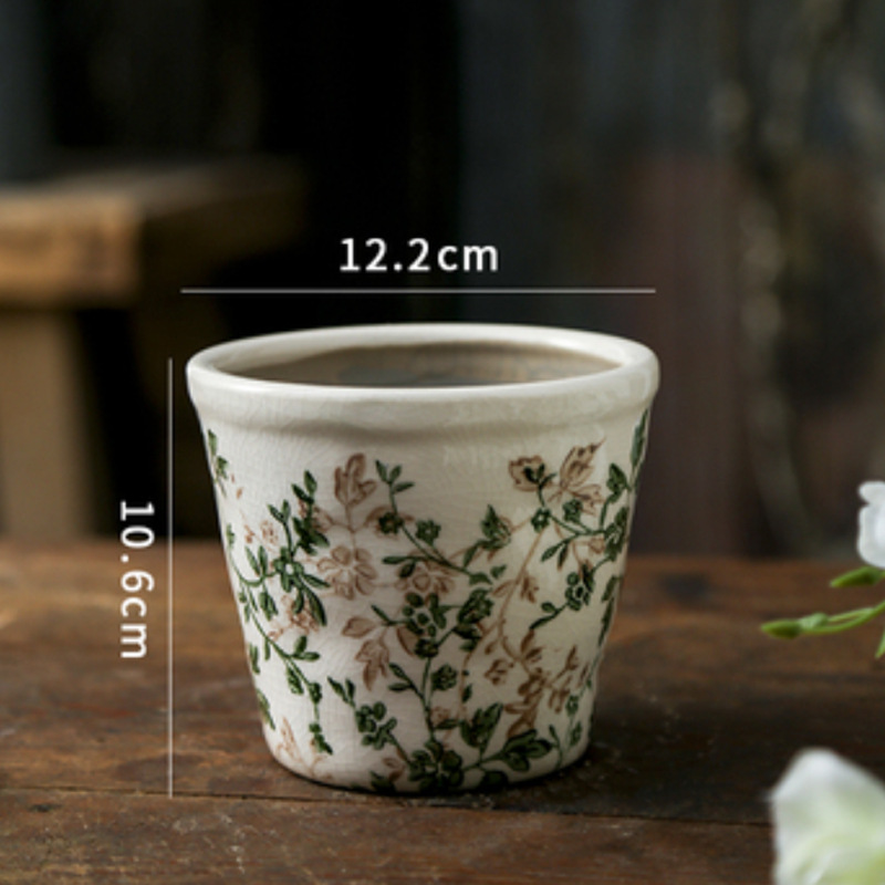 Горшки керамические винтажные цветочный узор зеленые