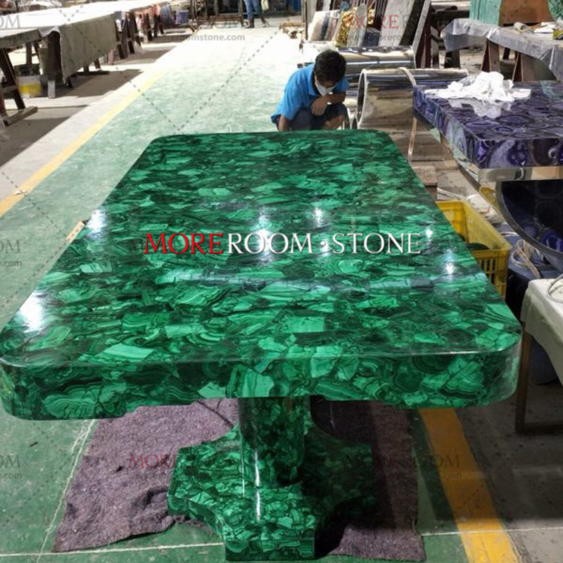 Luxury Villa Furniture Bronze Metal Mounted Malachite Green Marble Stone Countertop