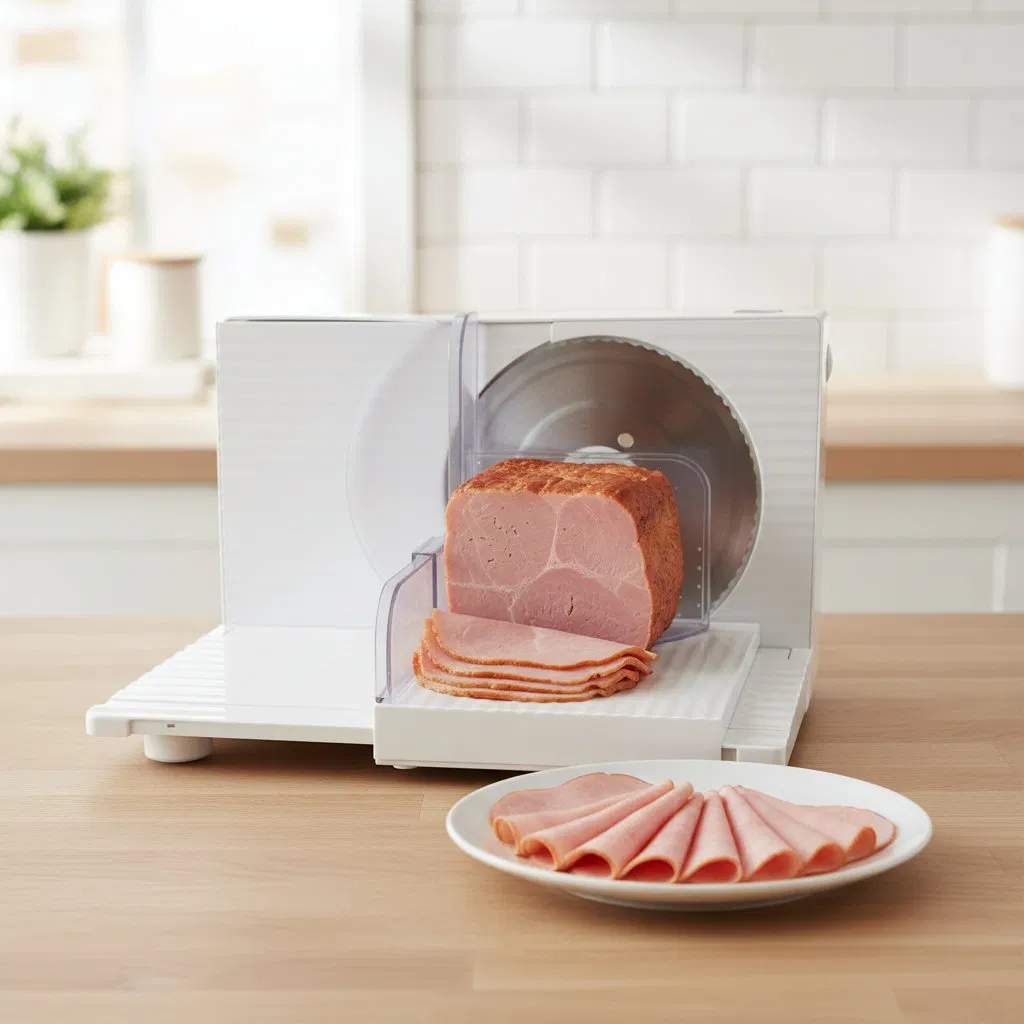 Electric Meat Slicer for Home Use 150W 3-Speed, Fold-up Design with Safety Thumb Guard & on/off Button, Max Cut 15mm