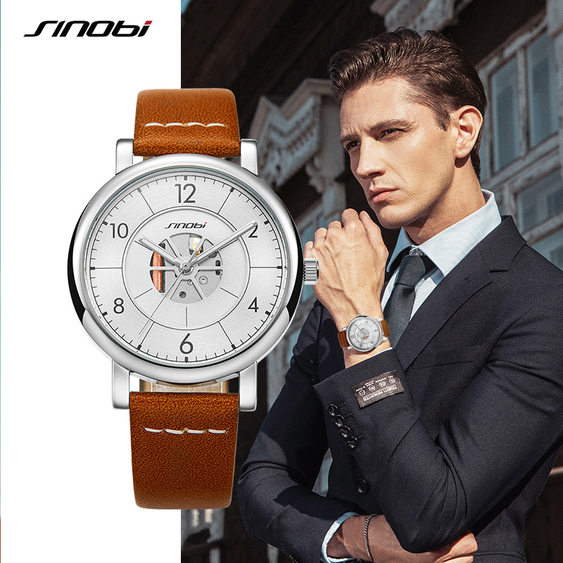 Sinobi Men's Creative Digital Quartz Watch Business Luminous Leather Strap Wristwatch Wholesale