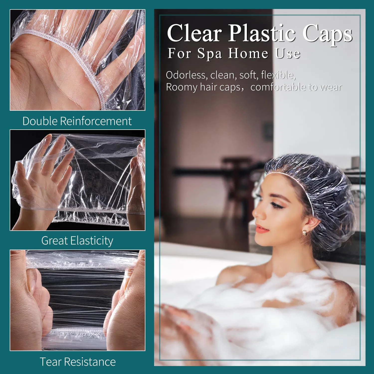 Disposable Elastic Shower Caps, 100PCS Clear Plastic Headgear, Waterproof & Dustproof for SPA, Hotel and Daily Bathing