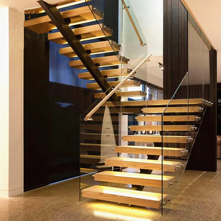 Inside Stair Modern House Residential Steel Stairs/ Floating Straight Staircase with Carbon Steel Stringer Straight Staircase and Glass Railing