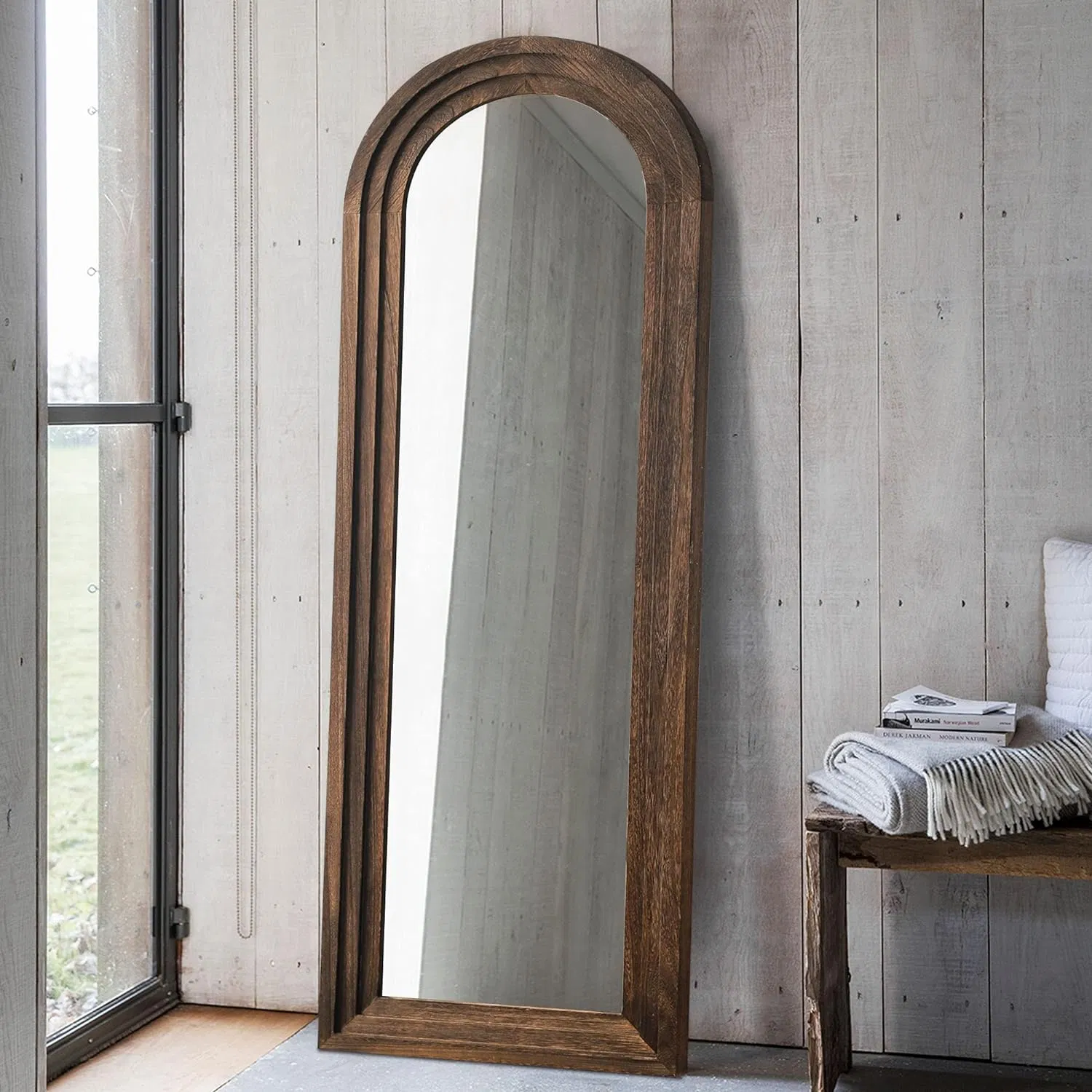 Arched Floor Mirror Wood Frame Wall Mounted Mirror Distressed Style Wide Frame Dressing Make up Mirror for Bathroom/Bedroom/Living Room/Dining Room/Entry