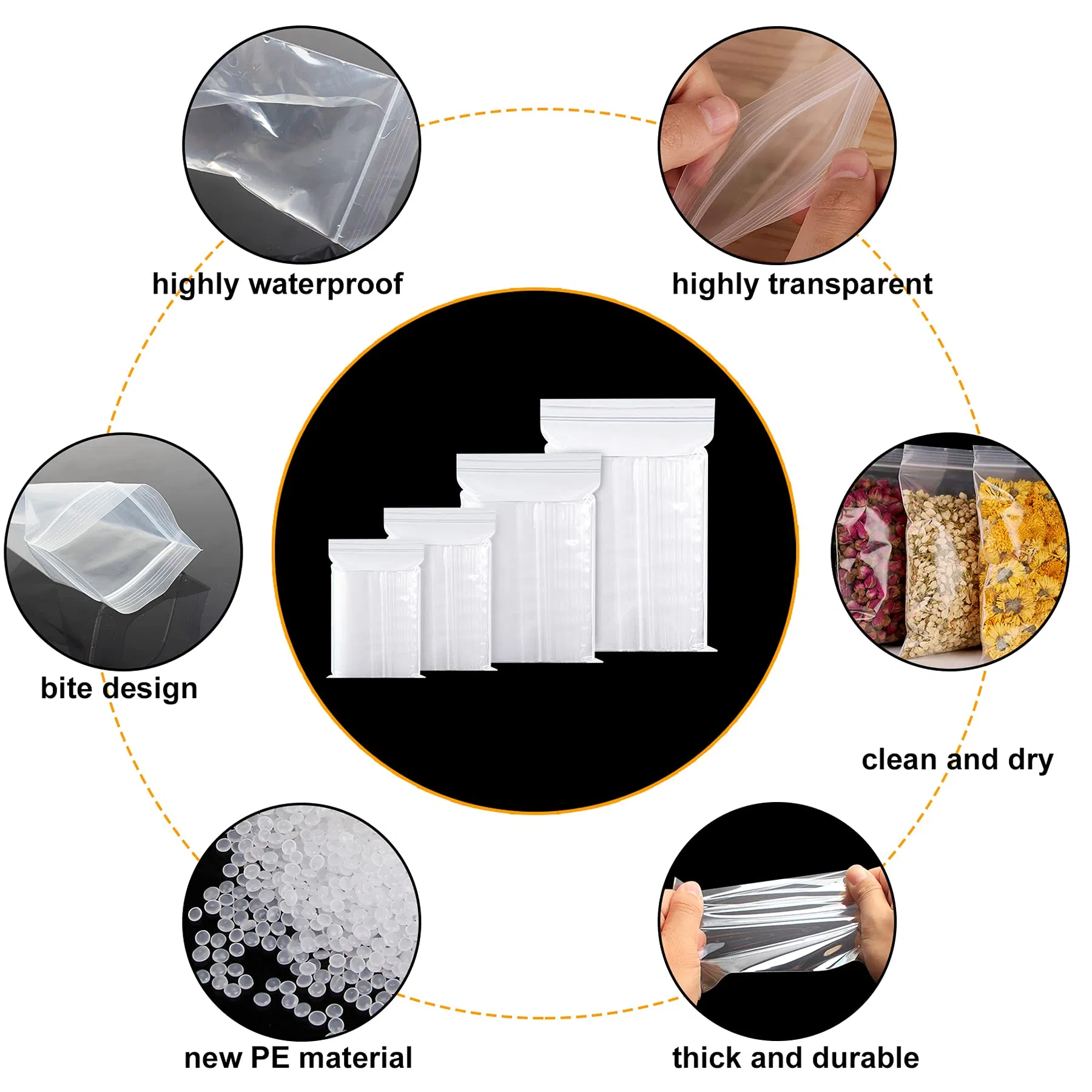 10PCS Custom PE Thick Clear Durable Food Grade Plastic Bags 4 Sizes Storage Bag