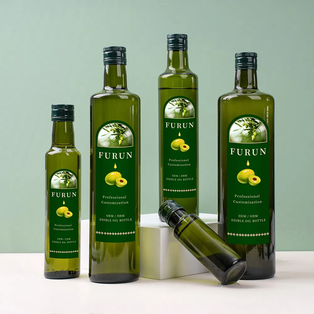 Wholesale Luxury Olive Oil Bottles Empty Round Green Food Grade Glass Cooking Dispenser Bottle with Lids