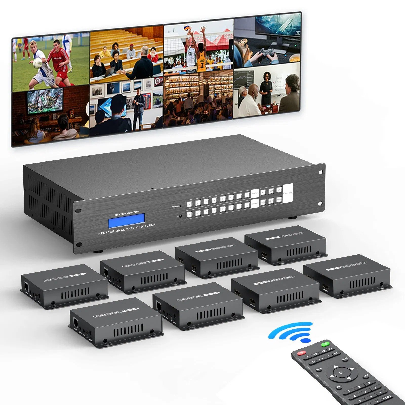 Custom 4K 60Hz 8X8 8X16 HDMI Matrix Over Ethernet + 8 Hdbaset Receivers, Available for 4X4 16X16 32X32 36X36 72X72
