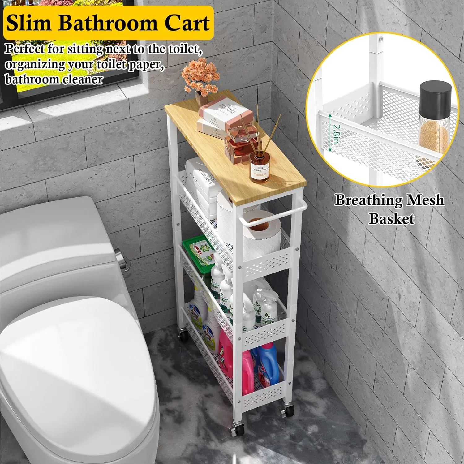 4-Tier Small Rolling Kitchen Cart with Wooden Top and Handles for Tight Spaces, White