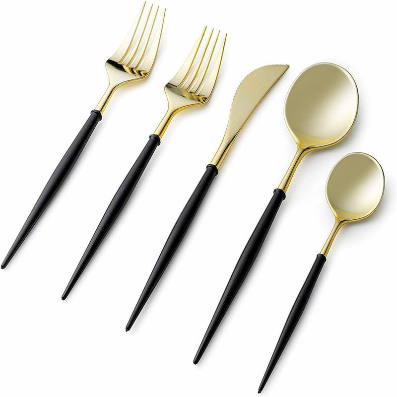 Wholesale Unique Gift Items Cheap Plastic Electroplated Disposable Cutlery Set with Gold/Silver/Black Handle & Gold Utensils for Sale