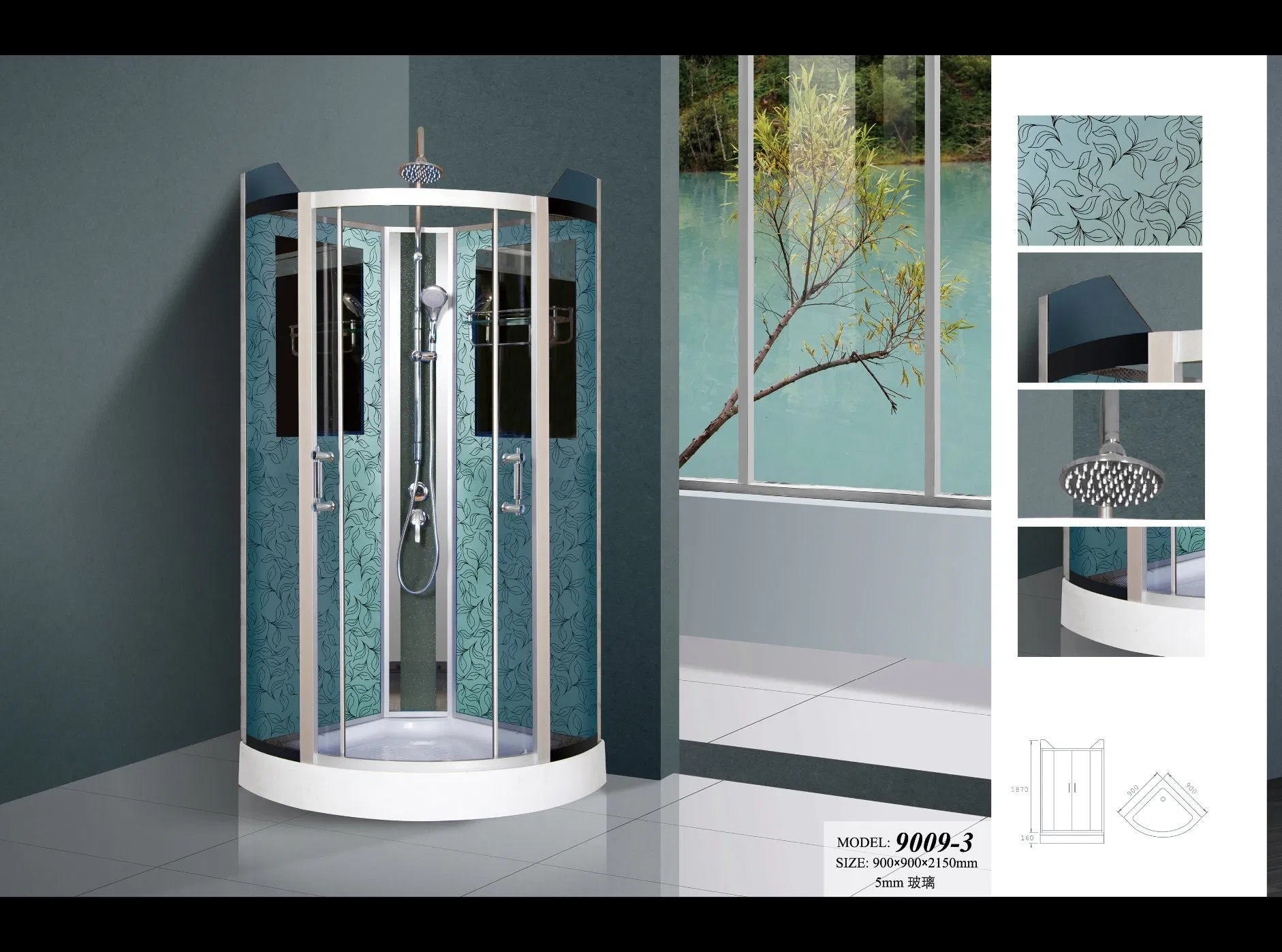 Black Marble Tempered Glass Grey Alumium Sliding Faucet Shower Enclosure