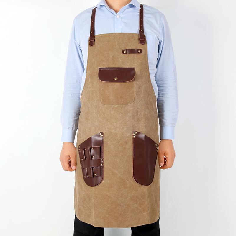 Best Selling Waxed Canvas Hairdresser Apron with Tool Leather Pocket Custom Beauty Salon Apron (RS-NIFS024)