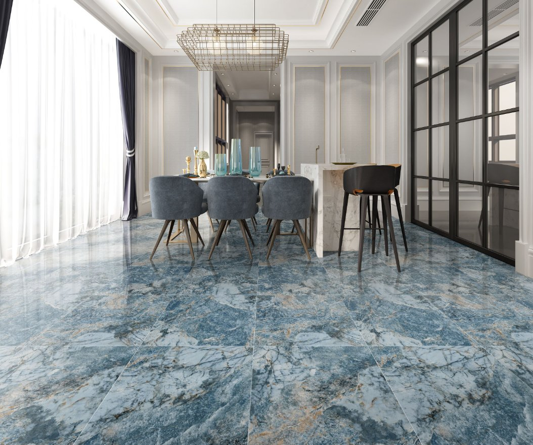 Manufacturer Foshan 3D Polished Glossy Dark Blue Ceramic Floor Tile Flooring Living Room Exterior Wall Tile