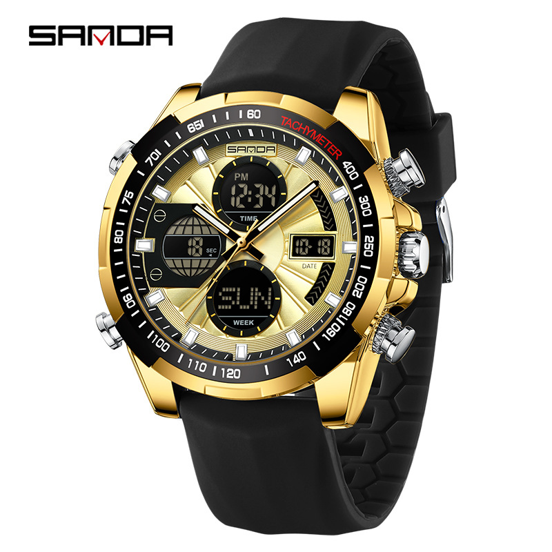 Men's Large Dial Electronic Watch Waterproof Alloy Case Multifunctional Chronograph Calendar Wristwatch