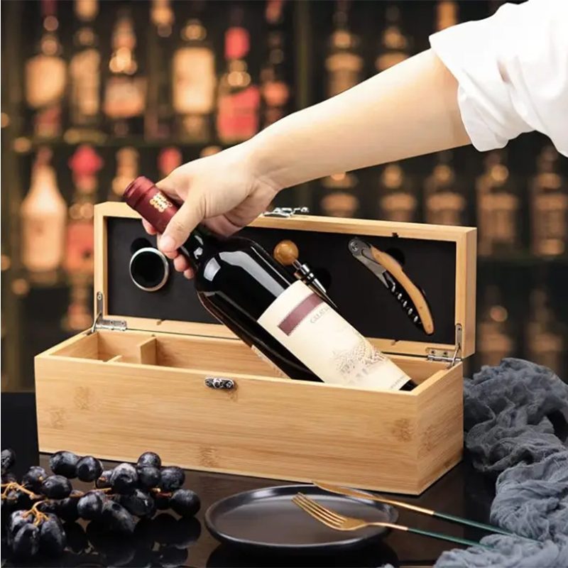 Bamboo Wood Wine Gift Box with Accessories, Wine Case with Tools Set