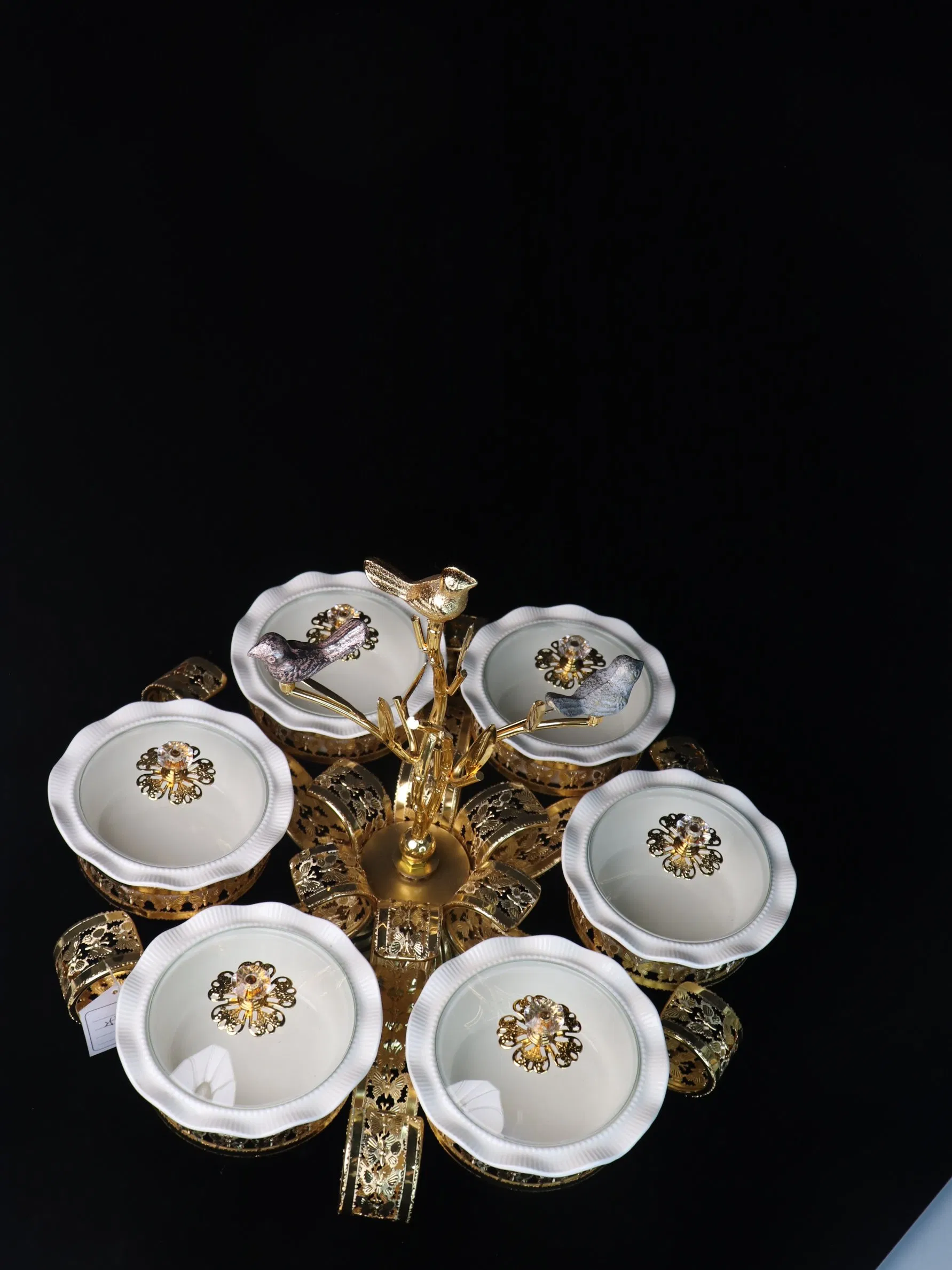 Home Ornament Gold-Plated Iron Frame with Large Size 6-Panel Ceramic Bowl
