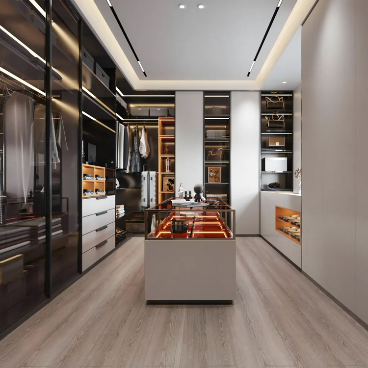 High End Glass Door Design Wooden Wardrobe Bedroom Furniture Clothes Organizer