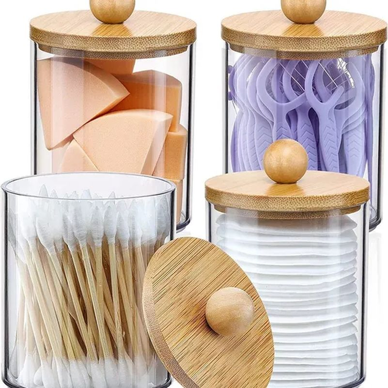 Cotton Ball Pad Round Swab Holder Dispenser Jars with Bamboo Lids for Bathroom Accessories Storage Organizer Hh008_1